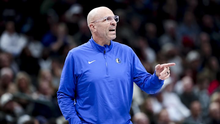 Feb 13, 2025; Dallas, Texas, USA;  Dallas Mavericks head coach Jason Kidd reacts during the second half against the Miami Heat at American Airlines Center. Mandatory Credit: Kevin Jairaj-Imagn Images