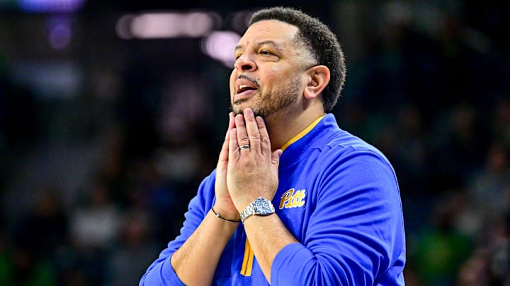 Feb 22, 2025; South Bend, Indiana, USA; Pittsburgh Panthers head coach Jeff Capel watches in the second half against the Notre Dame Fighting Irish at the Purcell Pavilion. Mandatory Credit: Matt Cashore-Imagn Images