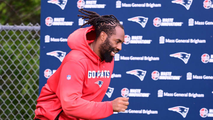 Jun 12, 2024; Foxborough, MA, USA;  New England Patriots linebacker Matthew Judon (9) runs onto the practice field at minicamp at Gillette Stadium.  Mandatory Credit: Eric Canha-USA TODAY Sports