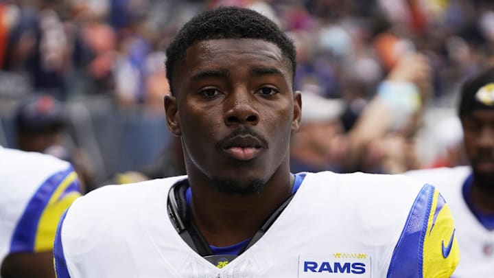 Sep 29, 2024; Chicago, Illinois, USA; Los Angeles Rams safety Kamren Kinchens (26) in a game against the Chicago Bears at Soldier Field. Mandatory Credit: David Banks-Imagn Images Sep 29, 2024; Chicago, Illinois, USA; Los Angeles Rams safety Kamren Kinchens (26) in a game against the Chicago Bears at Soldier Field. Mandatory Credit: David Banks-Imagn Images