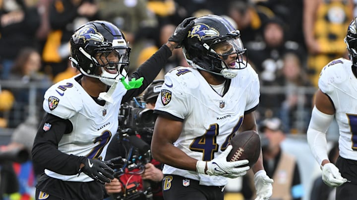Nov 17, 2024; Pittsburgh, Pennsylvania, USA; Baltimore Ravens cornerback Marlon Humphrey (44) celebrates with Nate Wiggins (2) after ntercepting a pass in the end zone against the Pittsburgh Steelers during the fourth quarter at Acrisure Stadium. Mandatory Credit: Barry Reeger-Imagn Images