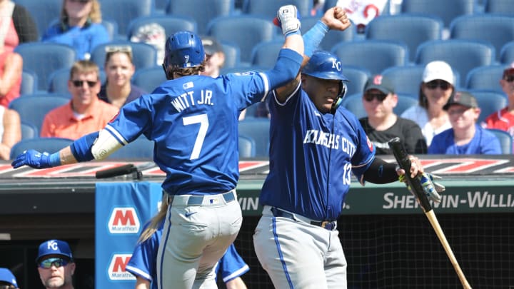 Kansas City Royals shortstop Bobby Witt Jr. (7) celebrates with catcher Salvador Perez.