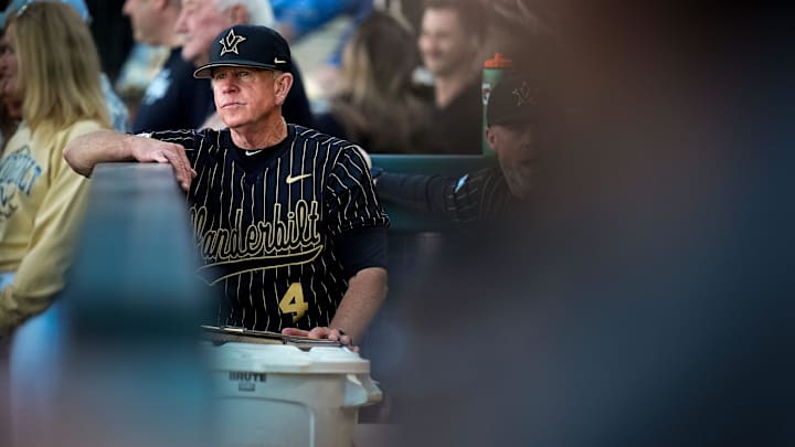 Vanderbilt coach Tim Corbin watches his players warm up before a game against South Carolina at Hawkins Field in Nashville, Tenn., Thursday, May 14, 2026. Vanderbilt coach Tim Corbin watches his players warm up before a game against South Carolina at Hawkins Field in Nashville, Tenn., Thursday, May 14, 2026.