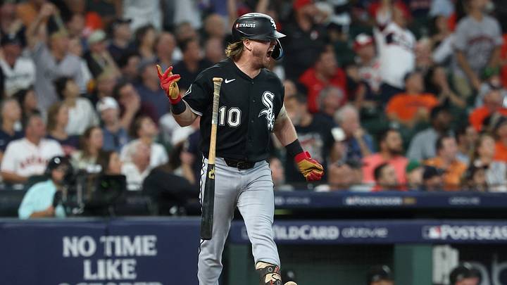 Sep 30, 2026; Houston, Texas, USA;  Chicago White Sox second baseman Chase Meidroth (10) hits a three-run home run against the Houston Astros in the sixth inning during game two of the Wildcard round for the 2026 MLB Playoffs at Daikin Park.  Mandatory Credit: Troy Taormina-Imagn Images