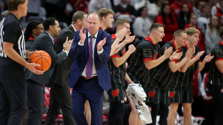 Feb 2, 2023; Columbus, Ohio, USA;  Wisconsin Badgers head coach Greg Gard celebrates during the first half against the Ohio State Buckeyes at Value City Arena. Mandatory Credit: Joseph Maiorana-Imagn Images