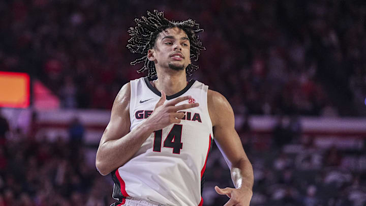 Jan 18, 2025; Athens, Georgia, USA; Georgia Bulldogs forward Asa Newell (14) reacts after making a three point shot against the Auburn Tigers at Stegeman Coliseum. Mandatory Credit: Dale Zanine-Imagn Images