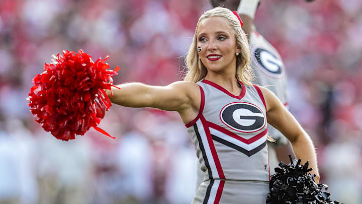 Aug 30, 2025; Athens, Georgia, USA; Georgia Bulldogs cheerleaders during the game against the Marshall Thundering Herd at Sanford Stadium. Mandatory Credit: Dale Zanine-Imagn Images