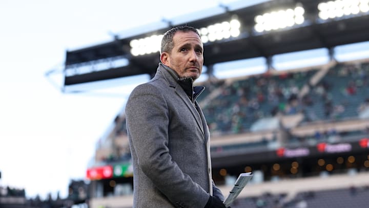 Jan 11, 2026; Philadelphia, PA, USA; Philadelphia Eagles general manager Howie Roseman looks on during warmups prior to an NFC Wild Card Round game against the San Francisco 49ers at Lincoln Financial Field. 