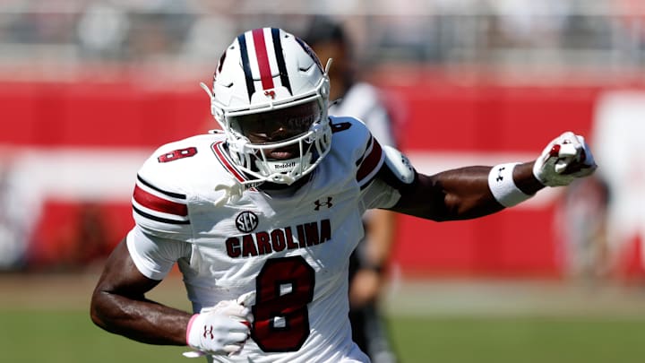 Oct 12, 2024; Tuscaloosa, Alabama, USA;  South Carolina Gamecocks wide receiver Nyck Harbor (8) during the second half at Bryant-Denny Stadium. Mandatory Credit: Butch Dill-Imagn Images