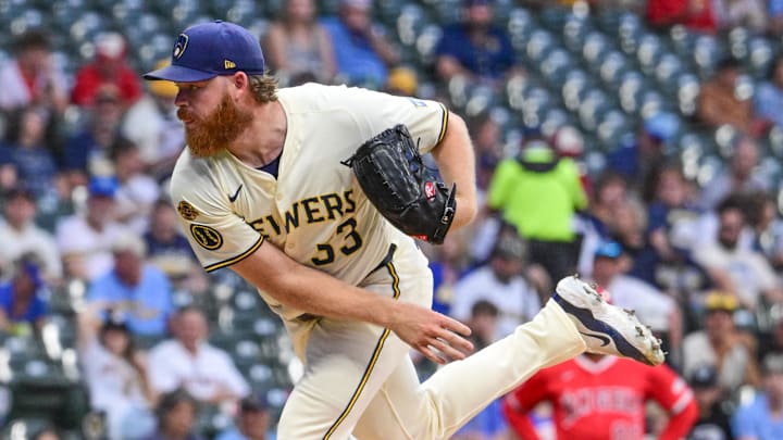 Sep 17, 2025; Milwaukee, Wisconsin, USA; Milwaukee Brewers starting pitcher Brandon Woodruff (53) throws against the Los Angeles Angels in the first inning at American Family Field. Mandatory Credit: Benny Sieu-Imagn Images Sep 17, 2025; Milwaukee, Wisconsin, USA; Milwaukee Brewers starting pitcher Brandon Woodruff (53) throws against the Los Angeles Angels in the first inning at American Family Field. Mandatory Credit: Benny Sieu-Imagn Images