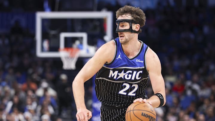 Dec 3, 2025; Orlando, Florida, USA; Orlando Magic forward Franz Wagner (22) controls the ball against the San Antonio Spurs in the third quarter at Kia Center. Mandatory Credit: Nathan Ray Seebeck-Imagn Images