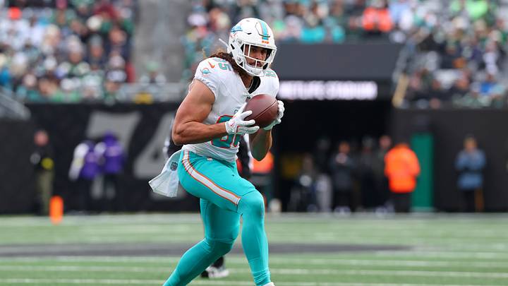 Miami Dolphins tight end Greg Dulcich makes a catch against the New York Jets during the first half at MetLife Stadium in December 2025. Miami Dolphins tight end Greg Dulcich makes a catch against the New York Jets during the first half at MetLife Stadium in December 2025.