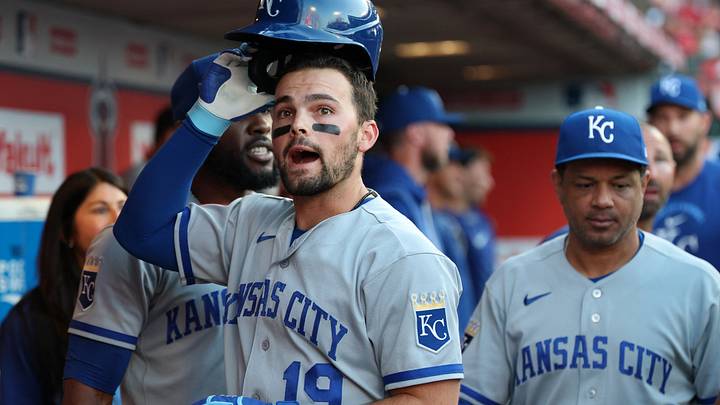 Aug 14, 2026; Anaheim, California, USA; Kansas City Royals second baseman Michael Massey (19) reacts in the dugout after hitting a home run during the second inning against the Los Angeles Angels at Angel Stadium. Mandatory Credit: Kiyoshi Mio-Imagn Images Aug 14, 2026; Anaheim, California, USA; Kansas City Royals second baseman Michael Massey (19) reacts in the dugout after hitting a home run during the second inning against the Los Angeles Angels at Angel Stadium. Mandatory Credit: Kiyoshi Mio-Imagn Images