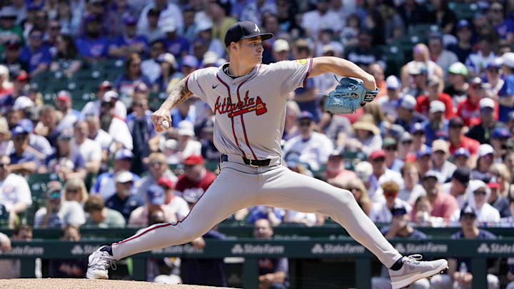 May 23, 2024; Chicago, Illinois, USA; Atlanta Braves pitcher AJ Smith-Shawver (32) pitches against the Chicago Cubs during the first inning at Wrigley Field. Mandatory Credit: David Banks-USA TODAY Sports