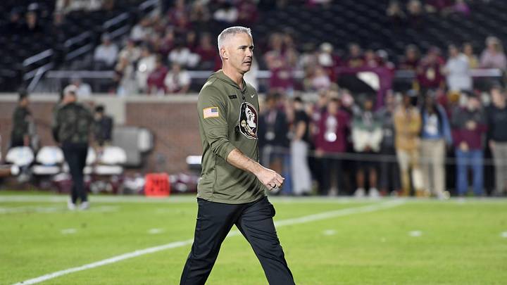 Nov 15, 2025; Tallahassee, Florida, USA; Florida State Seminoles head coach Mike Norvell before the game against the Virginia Tech Hokies at Doak S. Campbell Stadium. Mandatory Credit: Melina Myers-Imagn Images