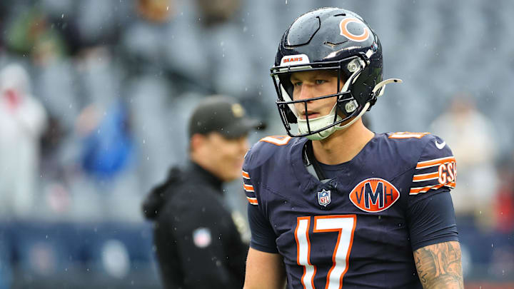 Oct 19, 2025; Chicago, Illinois, USA; Chicago Bears quarterback Tyson Bagent (17) practices against the New Orleans Saints before the game at Soldier Field. Mandatory Credit: Mike Dinovo-Imagn Images
