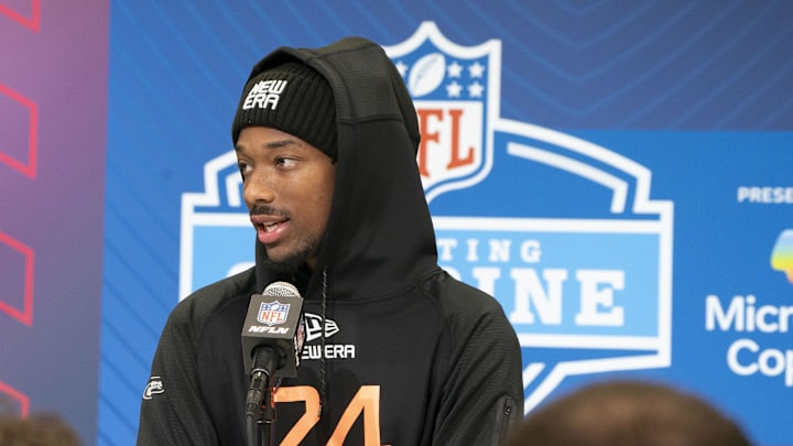 Feb 28, 2025; Indianapolis, IN, USA; Oregon wideout Tez Johnson (WO24) speaks during a press conference during the 2025 NFL Combine at Indiana Convention Center. Mandatory Credit: Stephanie Amador Blondet-Imagn Images