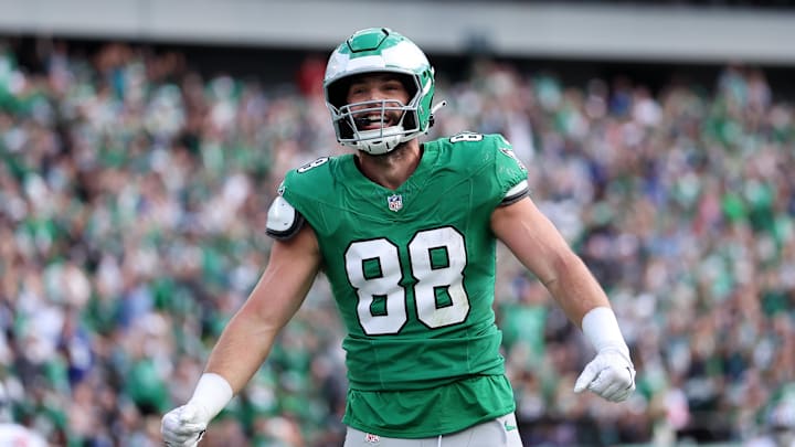 Philadelphia Eagles tight end Dallas Goedert (88) after scoring a touchdown against the New York Giants in the second quarter at Lincoln Financial Field. 