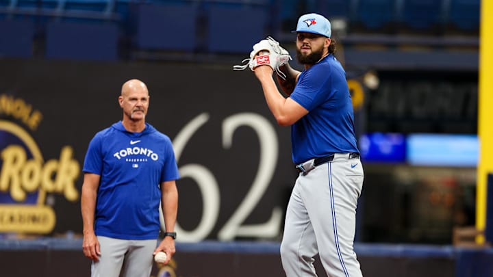Toronto Blue Jays pitcher Alek Manoah (6) throws a bullpen session before a game against the Tampa Bay Rays at Tropicana Field on March 31.