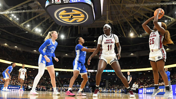 South Carolina Gamecocks guard Raven Johnson (25) shoots the ball Friday, March 6, 2026, during the SEC Women's Basketball Tournament quarterfinals game against the Kentucky Wildcats at Bon Secours Wellness Arena in Greenville, South Carolina.