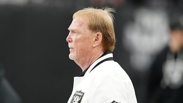 Jan 4, 2026; Paradise, Nevada, USA; Las Vegas Raiders owner Mark Davis observes warm ups before the start of a game against the Kansas City Chiefs at Allegiant Stadium. Mandatory Credit: Stephen R. Sylvanie-Imagn Images