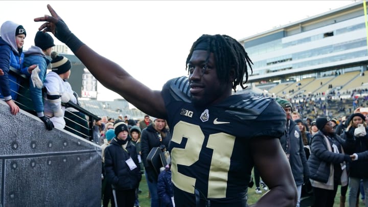 Nov 25, 2023; West Lafayette, Indiana, USA; Purdue Boilermakers defensive back Sanoussi Kane (21) celebrates after the game at Ross-Ade Stadium. Mandatory Credit: Robert Goddin-USA TODAY Sports Nov 25, 2023; West Lafayette, Indiana, USA; Purdue Boilermakers defensive back Sanoussi Kane (21) celebrates after the game at Ross-Ade Stadium. Mandatory Credit: Robert Goddin-USA TODAY Sports