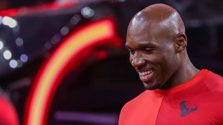 Nov 20, 2025; Houston, Texas, USA; Houston Texans head coach Demeco Ryans talks to fans before the game against the Buffalo Bills at NRG Stadium. Mandatory Credit: Thomas Shea-Imagn Images