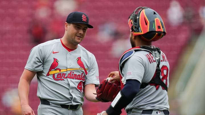 May 23, 2026; Cincinnati, Ohio, USA;  St. Louis Cardinals pitcher Matt Svanson (49) celebrates with catcher Ivan Herrera (48) after the final out of the game against the Cincinnati Reds at Great American Ball Park. Mandatory Credit: Aaron Doster-Imagn Images