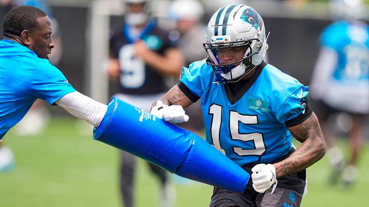 Carolina Panthers wide receiver Jimmy Horn Jr. (15) practices and avoidance drill during Carolina Panthers wide receiver Jimmy Horn Jr. (15) practices and avoidance drill during