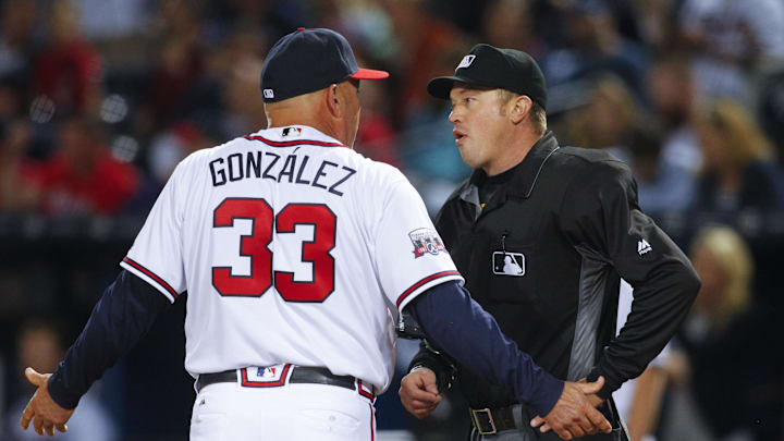 May 6, 2016; Atlanta, GA, USA; Atlanta Braves manager Fredi Gonzalez (33) argues with umpire Cory Blaser (89) in the fourth inning against the Arizona Diamondbacks at Turner Field. Mandatory Credit: Brett Davis-Imagn Images