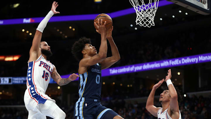 Nov 20, 2024; Memphis, Tennessee, USA; Memphis Grizzlies forward Jaylen Wells (0) shoots during the second half against the  Philadelphia 76ers at FedExForum. Mandatory Credit: Petre Thomas-Imagn Images