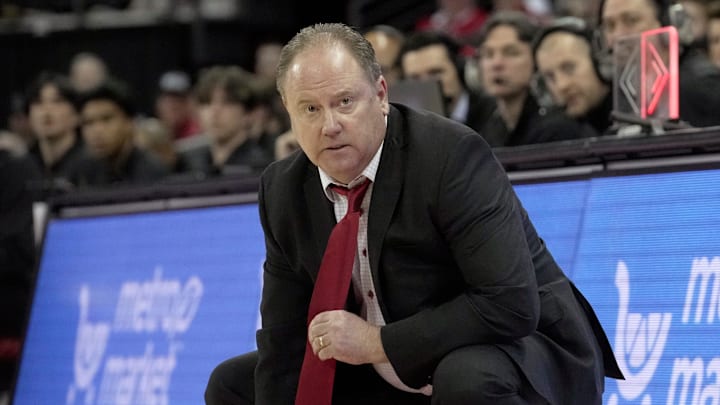 Wisconsin head coach Greg Gard is shown during the first half of their game against Washington Tuesday, February 25, 2025 at the Kohl Center in Madison, Wisconsin.
