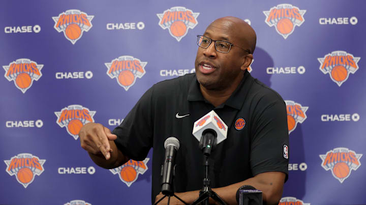 Sep 23, 2025; New York, NY, USA; New York Knicks head coach Mike Brown speaks to the media during a media day press conference at the Madison Square Garden training center. Mandatory Credit: Brad Penner-Imagn Images