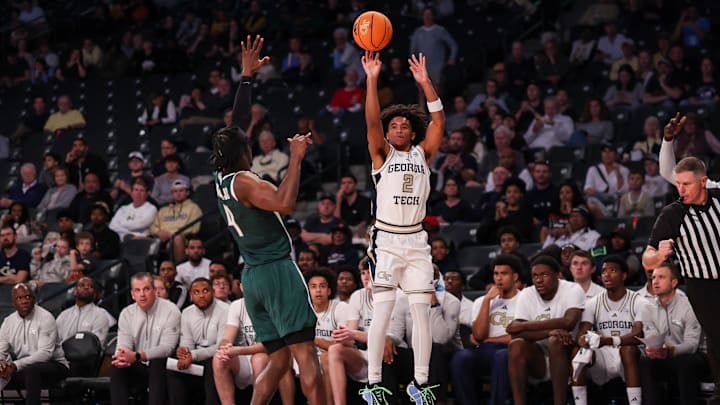Dec 28, 2025; Atlanta, Georgia, USA; Georgia Tech Yellow Jackets guard Eric Chatfield Jr. (2) shoots against the Florida A&M Rattlers in the second half at McCamish Pavilion. Mandatory Credit: Brett Davis-Imagn Images
