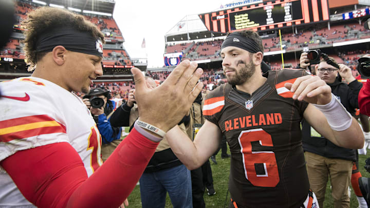 Nov 4, 2018; Cleveland, OH, USA; Kansas City Chiefs quarterback Patrick Mahomes (15) and Cleveland Browns quarterback Baker Mayfield (6) shake hands after the game at FirstEnergy Stadium. Mandatory Credit: Ken Blaze-Imagn Images