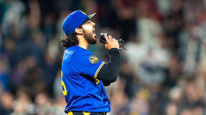 Seattle Mariners relief pitcher Andres Munoz (75) celebrates after a game against the Texas Rangers at T-Mobile Park in 2024.