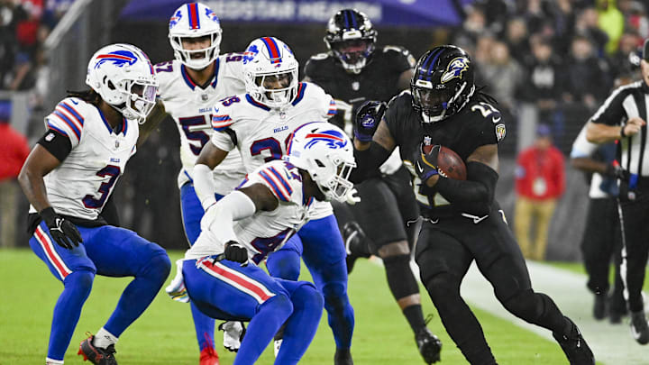 Sep 29, 2024; Baltimore, Maryland, USA;  Baltimore Ravens running back Derrick Henry (22) rushes along the sideline during the second half against the Buffalo Bills at M&T Bank Stadium. Mandatory Credit: Tommy Gilligan-Imagn Images