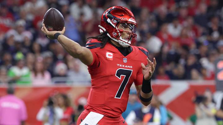 Dec 21, 2025; Houston, Texas, USA; Houston Texans quarterback C.J. Stroud (7) attempts a pass during the second half against the Las Vegas Raiders at NRG Stadium. Mandatory Credit: Troy Taormina-Imagn Images