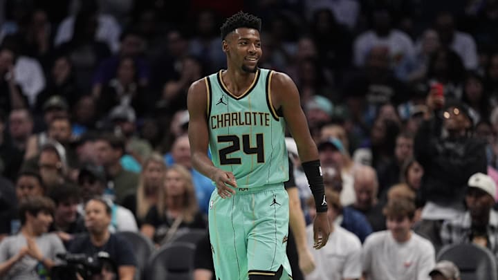 Nov 16, 2024; Charlotte, North Carolina, USA; Charlotte Hornets forward Brandon Miller (24) during the second half against the Milwaukee Bucks at Spectrum Center. Mandatory Credit: Jim Dedmon-Imagn Images