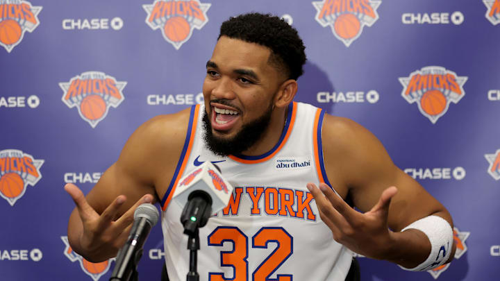 Sep 23, 2025; New York, NY, USA; New York Knicks center Karl-Anthony Towns speaks to the media during a media day press conference at the Madison Square Garden training center. Mandatory Credit: Brad Penner-Imagn Images Sep 23, 2025; New York, NY, USA; New York Knicks center Karl-Anthony Towns speaks to the media during a media day press conference at the Madison Square Garden training center. Mandatory Credit: Brad Penner-Imagn Images