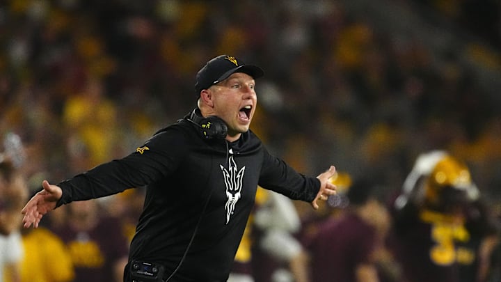 Arizona State head coach Kenny Dillingham yells to his team as they play against NAU during a game at Mountain America Stadium in Tempe on Aug. 30, 2025.