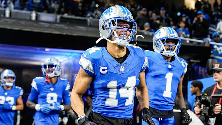 Detroit Lions wide receiver Amon-Ra St. Brown (14) takes the field for warm up before the game between Detroit Lions and Green Bay Packers at Ford Field in Detroit on Thursday, Dec. 5, 2024. Detroit Lions wide receiver Amon-Ra St. Brown (14) takes the field for warm up before the game between Detroit Lions and Green Bay Packers at Ford Field in Detroit on Thursday, Dec. 5, 2024.