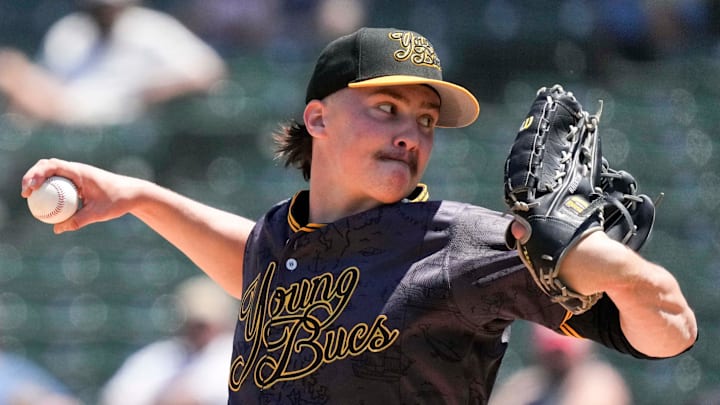 Indianapolis Indians starting pitcher Bubba Chandler (53) throws to Louisville Bats outfielder Blake Dunn (32) during the third inning of a game Sunday, May 18, 2025, at Victory Field in Indianapolis.