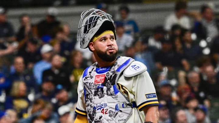 Milwaukee Brewers catcher Gary Sanchez (99) wears a special chest protector to commemorate Jackie Robinson Day against the Toronto Blue Jays at American Family Field. 