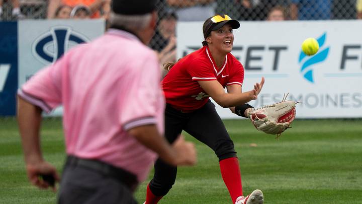 Western Dubuque's Lauren Ervolino catches a ball during the 2025 Iowa high school state softball tournament at Harlan Rogers Sports Complex on July 21, 2025, in Fort Dodge. Western Dubuque's Lauren Ervolino catches a ball during the 2025 Iowa high school state softball tournament at Harlan Rogers Sports Complex on July 21, 2025, in Fort Dodge.