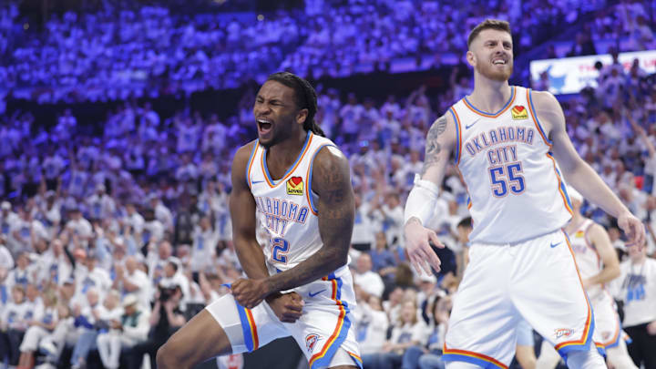 Apr 20, 2025; Oklahoma City, Oklahoma, USA; Oklahoma City Thunder guard Cason Wallace (22) celebrates after scoring against the Memphis Grizzlies during the second quarter at Paycom Center. Mandatory Credit: Alonzo Adams-Imagn Images