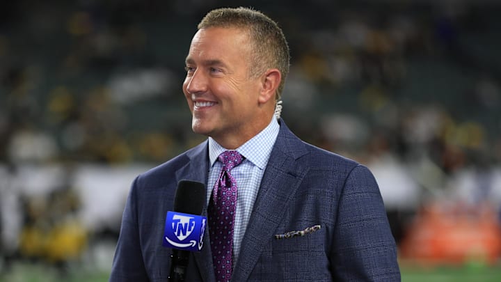 Oct 16, 2025; Cincinnati, Ohio, USA; Amazon Prime Thursday Night Football game analyst Kirk Herbstreit stands on the field during halftime of the game between the Pittsburgh Steelers and the Cincinnati Bengals at Paycor Stadium. Mandatory Credit: Katie Stratman-Imagn Images Oct 16, 2025; Cincinnati, Ohio, USA; Amazon Prime Thursday Night Football game analyst Kirk Herbstreit stands on the field during halftime of the game between the Pittsburgh Steelers and the Cincinnati Bengals at Paycor Stadium. Mandatory Credit: Katie Stratman-Imagn Images