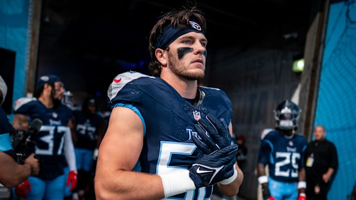 Tennessee Titans linebacker Jack Gibbens (50) heads to the field before a game against the New England Patriots at Nissan Stadium in Nashville, Tenn., Sunday, Nov. 3, 2024.