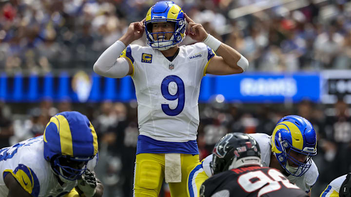 Sep 7, 2025; Inglewood, California, USA; Los Angeles Rams quarterback Matthew Stafford (9) signals during the third quarter at SoFi Stadium. Mandatory Credit: Kiyoshi Mio-Imagn Images