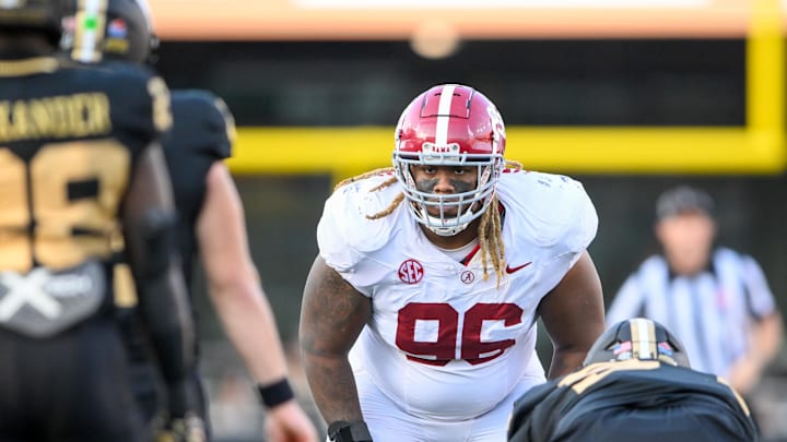 Oct 5, 2024; Nashville, Tennessee, USA;  Alabama Crimson Tide defensive lineman Tim Keenan III (96)  sneaks a peek into the back field against the Vanderbilt Commodores during the second half  at FirstBank Stadium. Mandatory Credit: Steve Roberts-Imagn Images